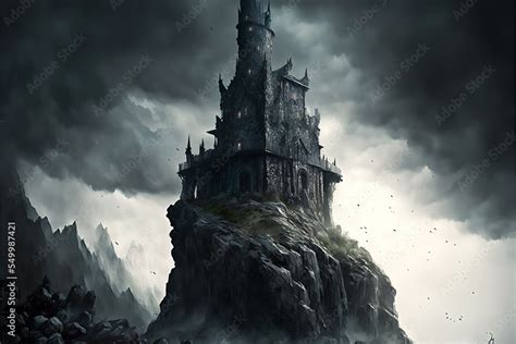 Dark fantasy gothic castle tower on a hilltop landscape illustration ...