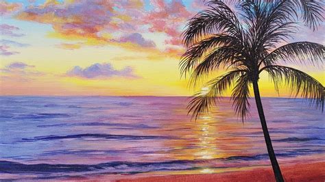 Sunset Palm Tree Beach Acrylic Painting LIVE Tutorial - YouTube