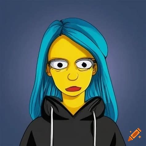Woman with blue hair wearing a black hoodie on Craiyon