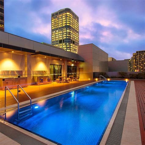 Rooftop swimming pool at Wyndham Hotel on William, Melbourne, Australia. Photographed for the ...