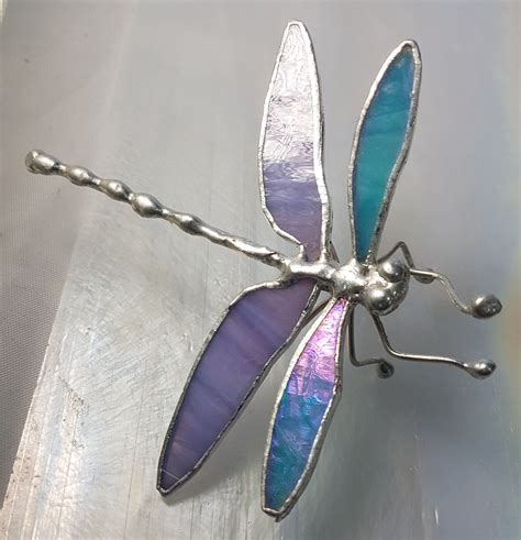 Stained Glass Dragonfly Art Iridescent Aqua Blue Pink Sculpture ...