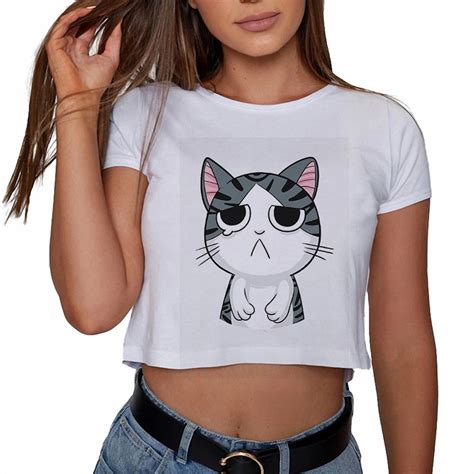 2018 New Kawaii Cat Print Loose Crop Top Cute Sad Cat Womens Shirts Oversized Tee Shirts Hip Hop ...