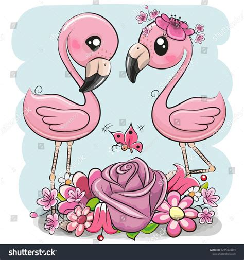 Two Cute Cartoon Flamingos with flowers on a blue backgroundFlamingos# ...