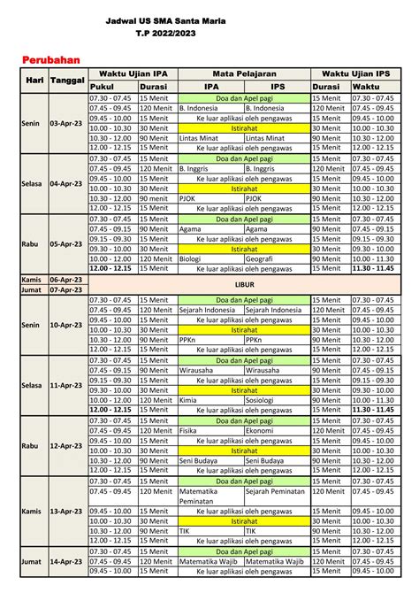 Perubahan Jadwal US Kelas 12