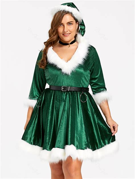 2018 Plus Size Faux Fur Panel Velvet Christmas Party Dress With Hat In Green 3xl | Rosegal.com