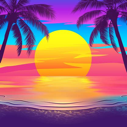 Tropical Beach At Sunset With Palm Trees Stock Illustration - Download Image Now - Sunset, Beach ...