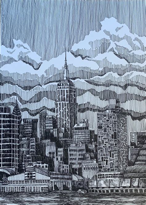 Original NYC Skyline Ink Painting City Architecture Empire - Etsy