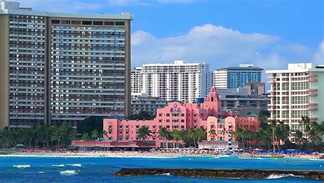 Waikiki Beach, Honolulu, Oahu island, Hawaii. The Royal Hawaiian Hotel, also known as the Pink ...