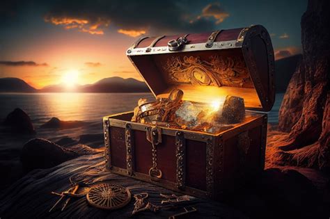 Premium Photo | Open treasure chest filled with golden items at sunset with Generative AI Technology