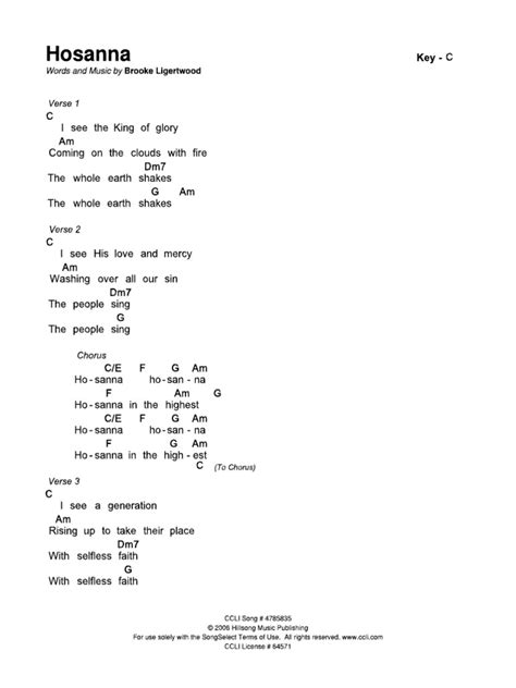 Hosanna - CHORD SHEET - Key C - Hillsong PDF | PDF