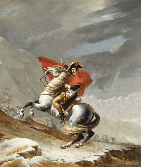 a painting of a man riding on the back of a white horse next to a mountain