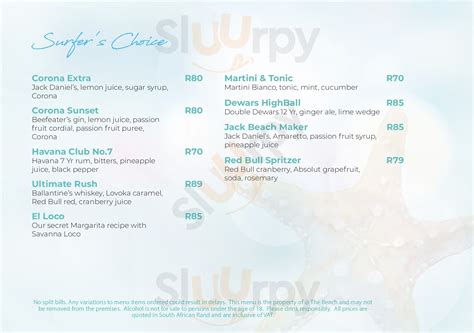 @the Beach Bar menù, Pretoria - Main Menu | Sluurpy