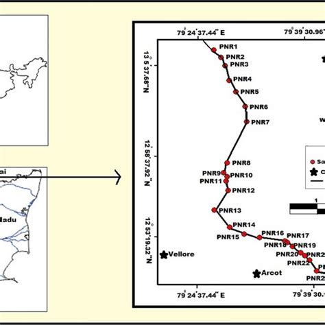 Sampling locations in Ponnai River, Tamilnadu (Map drawn using the... | Download Scientific Diagram