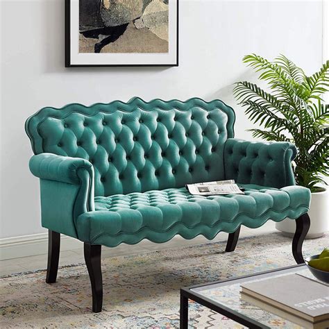 EVA Tufted Velvet Modern Chesterfield Style Settee Loveseat In Teal