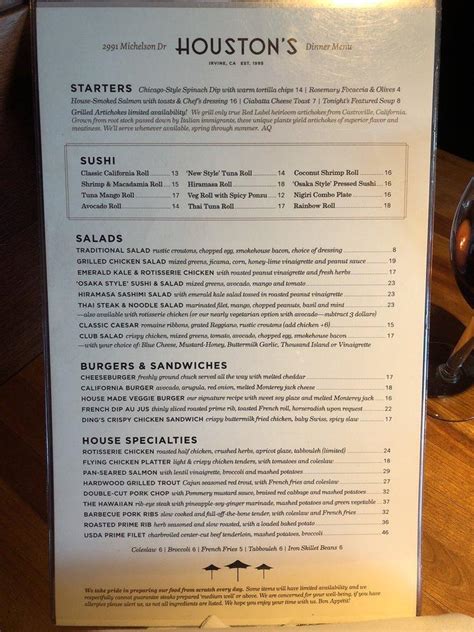 Menu at Houston's steakhouse, Irvine