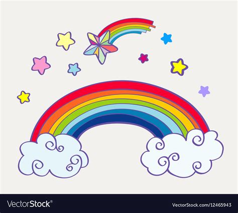 Hand drawn cartoon rainbow clouds and falling Vector Image