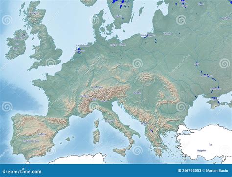 Map of Europe Continent Illustration with the Biggest Lakes Stock ...