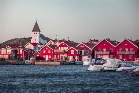 Skyline of Village Skaerhamn with Red Houses and White Church on the Archipelago Island of Tjörn ...