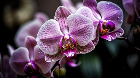 Purple Orchids With Water Droplets On Their Petals Background ...