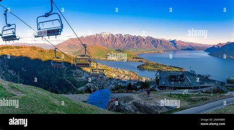 Ski lifts over mountain at Queenstown, South Island, New Zealand Stock Photo - Alamy