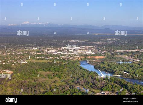 Aerial view of Redding California, including the Sundial Bridge and ...