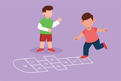 Graphic flat design drawing two little boys playing hopscotch at kindergarten yard. Kids playing ...