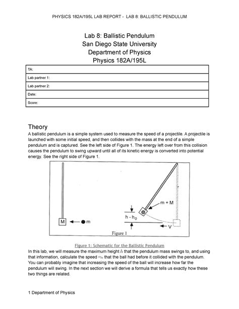 Lab 8 Ballistic Pendulum - PHYSICS 182A/195L LAB REPORT - LAB 8: BALLISTIC PENDULUM Lab 8 ...