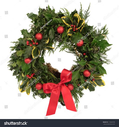 Christmas Decorative Wreath Of Holly, Ivy, Cedar Cypress Leaf Sprigs ...