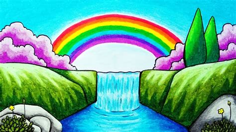 How to Draw Rainbow Over Waterfall Scenery Step by Step | Easy Rainbow ...