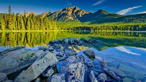 Jasper National Park, trees, Alberta, lake, rocks, landscape, sky, mountains, forest, clouds ...