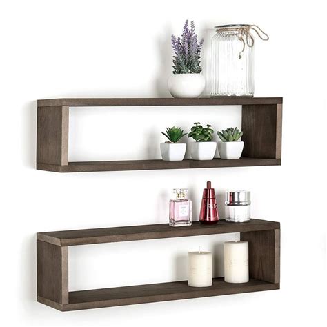 Dark Brown Wood Finish Wall Mounted 24-Inch Floating Shelf, Rectangular Display Shadow Boxes ...