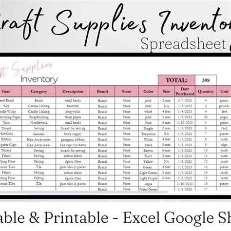 Crafting Inventory Spreadsheet - Etsy UK