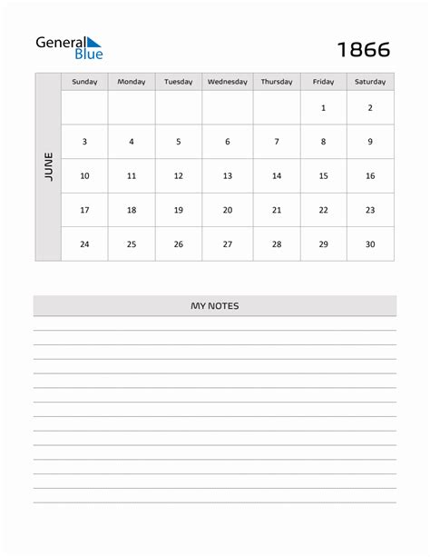 June 1866 Printable Monthly Calendar with Notes