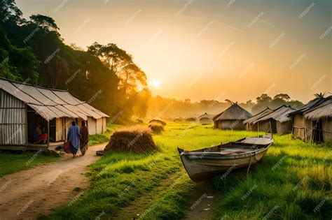 Premium Photo | A village in the jungle with a boat in the foreground