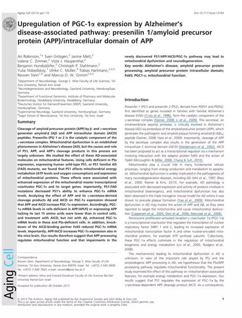 (PDF) Upregulation of PGC-1α expression by Alzheimer's disease-associated pathway: presenilin 1 ...