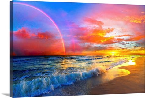 Pink Sunset Beach With Rainbow And Ocean Waves Wall Art, Canvas Prints, Framed Prints, Wall ...