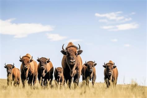 Premium AI Image | American bison herd with baby grazing