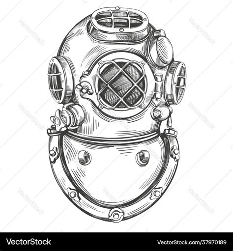 Old underwater diving helmet hand drawn Royalty Free Vector