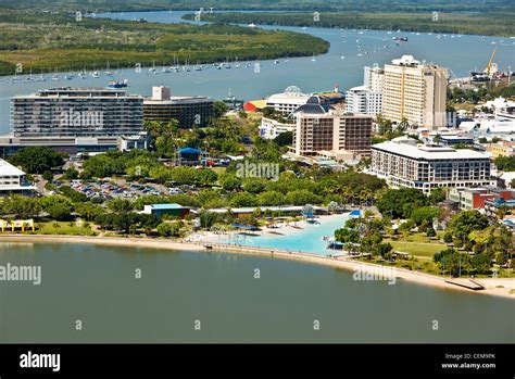 Aerial view of esplanade lagoon and city centre. Cairns, Queensland ...