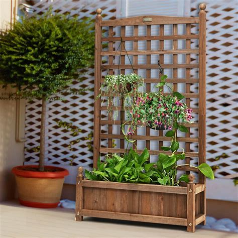 Solid Free Standing Wood Planter Box with Trellis for Garden - Costway ...