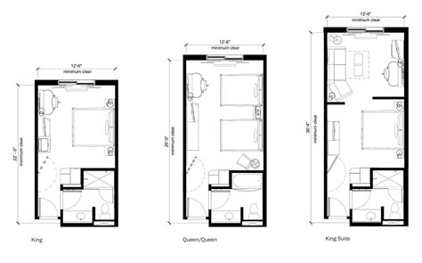 three floor plans showing the size and layout of a bedroom, bathroom, and living room