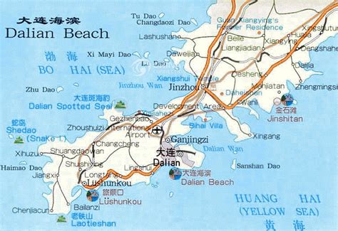 Dalian Beach Map, Dalian Surrounding Oceans Map, Dalian Road Map