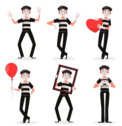 Premium Vector | Mime cartoon character performing pantomime set