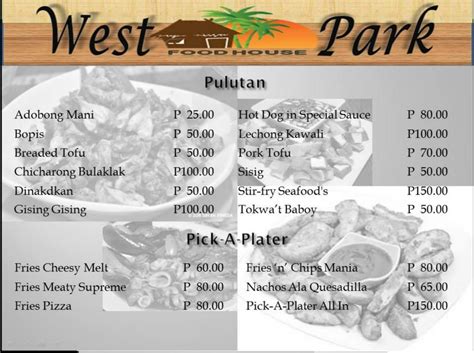 Carta del café West Park Food House, Muñoz del Nueva Écija