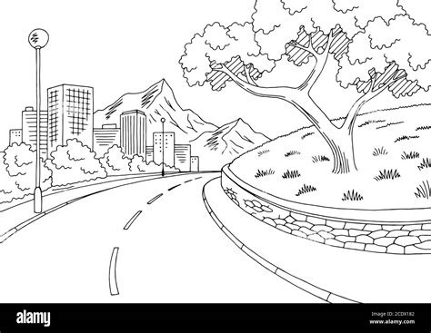 Street road graphic black white city mountain landscape sketch ...