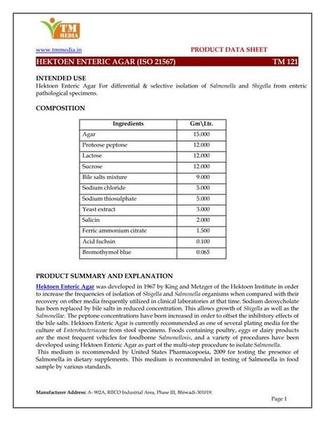 Hektoen Enteric Agar for differential & selective isolation of Salmonella and Shigella