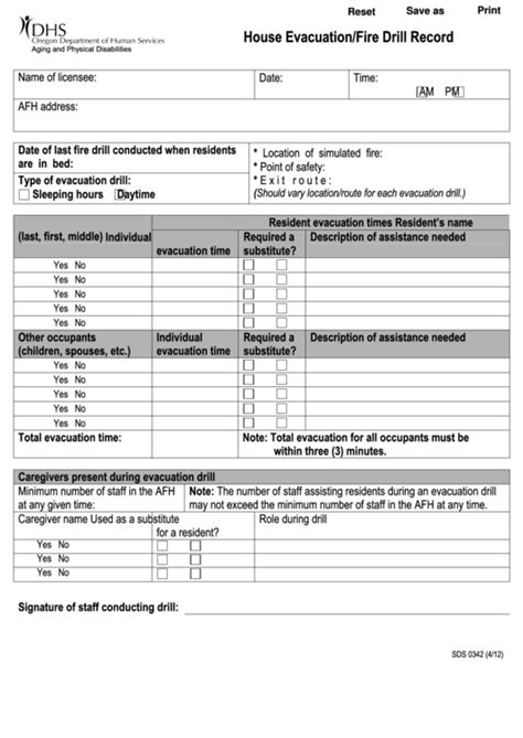 Fillable Form Sds 0342 - House Evacuation/fire Drill Record printable ...