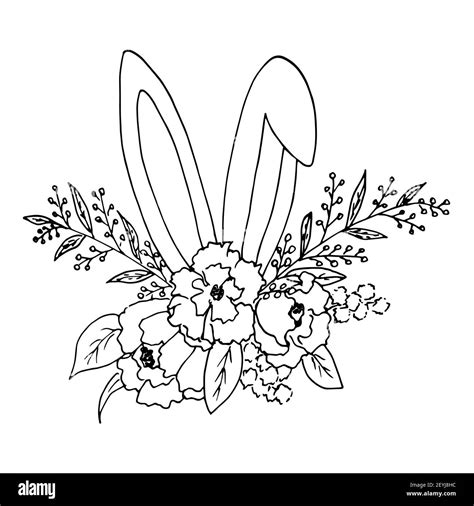 Sketch of an Easter bouquet of flowers and leaves with protruding ears of a bunny. Vector ...