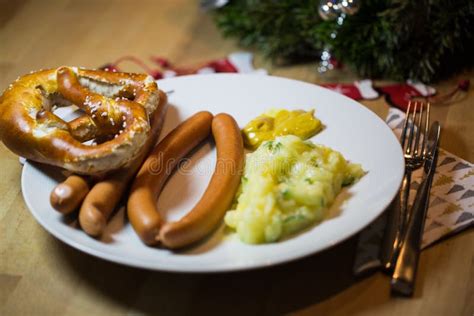 Traditional Christmas Dinner in Germany, Sausages and Potato Salad Stock Photo - Image of ...