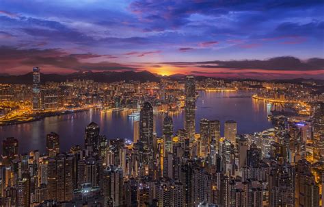 Wallpaper sunset, China, building, Bay, Hong Kong, panorama, China ...